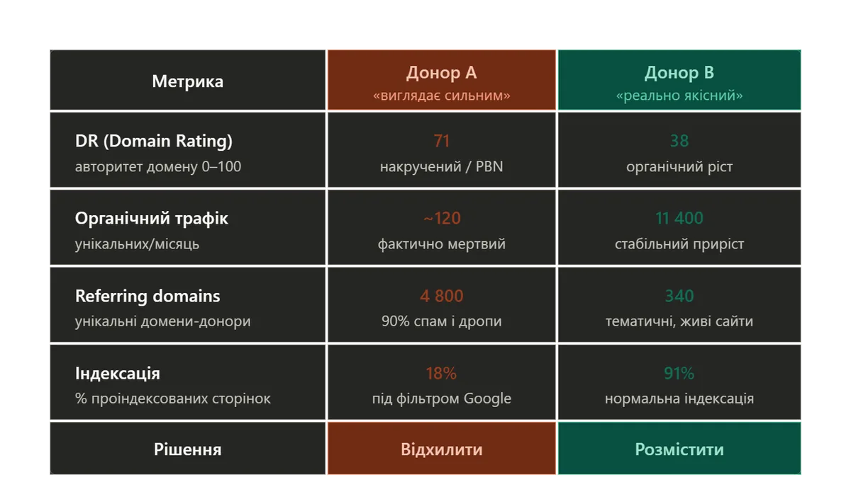 Порівняння донорів: високий DR без трафіку проти нижчий DR з реальними відвідувачами